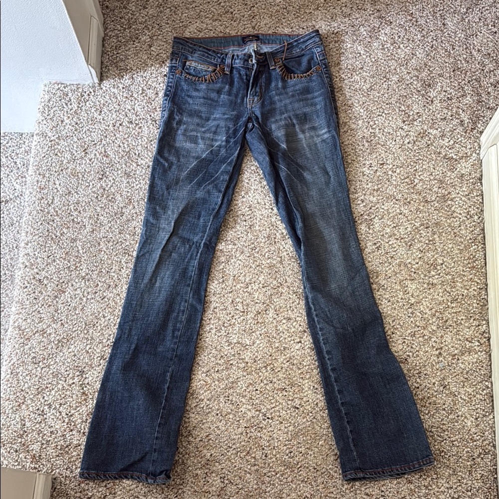 People 4 Peace Distressed Blue Flared Jeans with Tan Accents